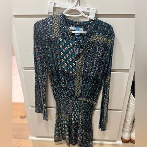 Chic Long Sleeve Patterned Dress in Blue and Green